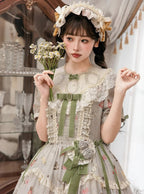 Green Cat Print Round Neck Sweet Lolita Dress with Lace Trim - NyaNya | CoyBunny