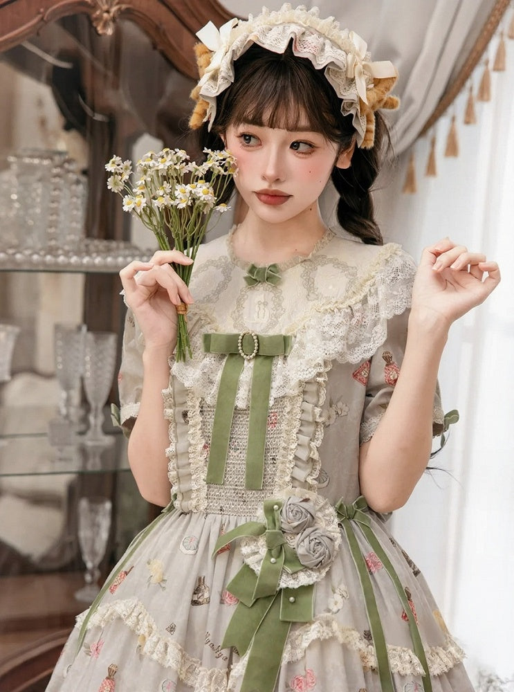 Green Cat Print Round Neck Sweet Lolita Dress with Lace Trim - NyaNya | CoyBunny