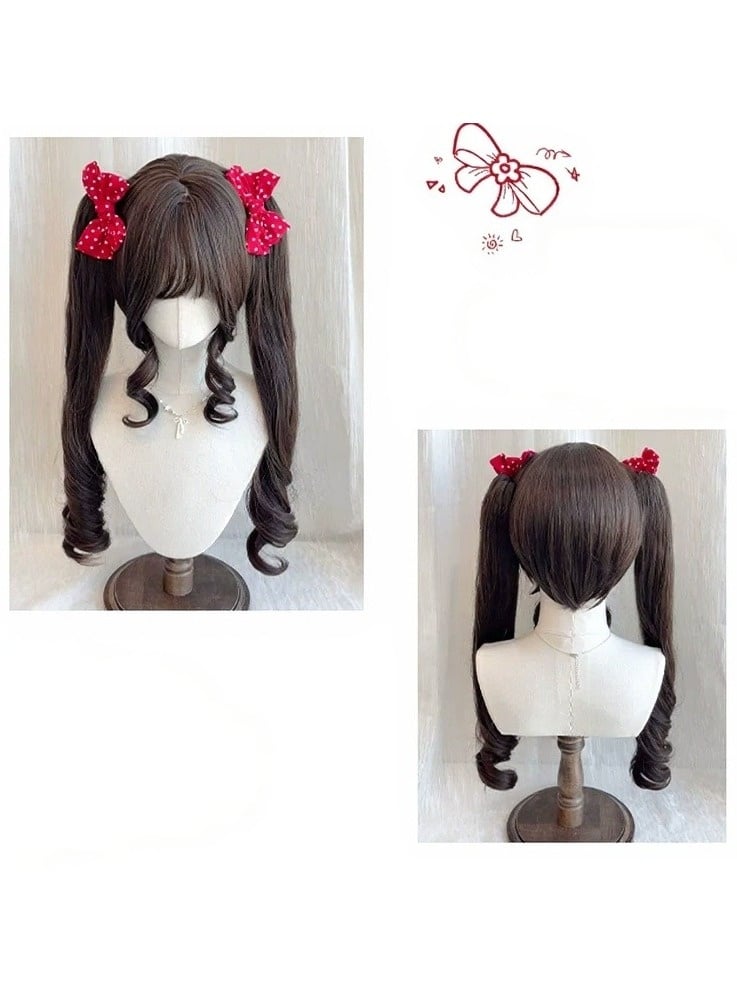 Chocolate 28cm Bob with Full Fringe & 55cm Curly Clip-On Twin Tails - Meow Island Wig | CoyBunny