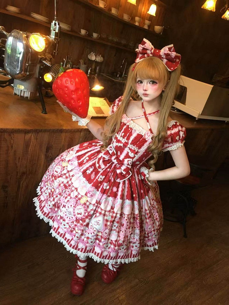 Cat Print Crimson Sweet Lolita OP Dress with Removable Crisscross Halter Straps - Pastry Chef | CoyBunny
