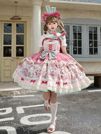 Pink & Green Alice Cat Vibes Sweet Lolita Jumper Skirt with Polka-dot Apron - Mewroco | CoyBunny
