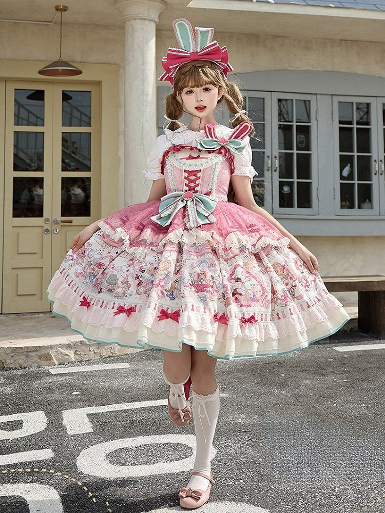 Pink & Green Alice Cat Vibes Sweet Lolita Jumper Skirt with Polka-dot Apron - Mewroco | CoyBunny