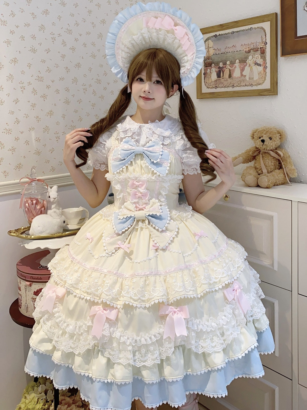 Cute Yellow Blue Lolita JSK Dress Set with Bonnet | Sweet Gown