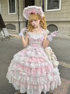 Pink Hanayome Tiered Lolita JSK Dress with Bows & Lace Trim - Set Includes Bonnet & Back Bow | CoyBunny