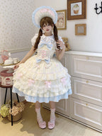 Cute Yellow Blue Lolita JSK Dress Set with Bonnet | Sweet Gown