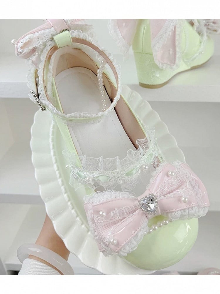 Green Kawaii Crystal Bow Round Toe Slope Heel Shoes - Meng Ka Jiang | CoyBunny