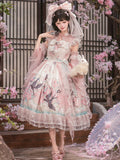 Pink Lace Qipao Collar Chinoiserie Lolita OP Dress with Swallow and Peach Blossom Print - Dream Magic Box | CoyBunny
