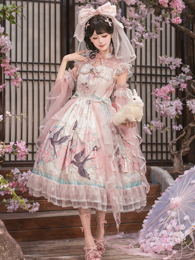 Pink Lace Qipao Collar Chinoiserie Lolita OP Dress with Swallow and Peach Blossom Print - Dream Magic Box | CoyBunny