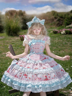 Blue Cherry Cake Print Sweet Lolita Dress with Bow Details - Strawberry Fantasy | CoyBunny