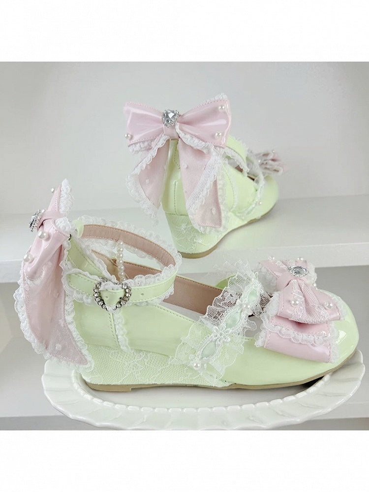 Green Kawaii Crystal Bow Round Toe Slope Heel Shoes - Meng Ka Jiang | CoyBunny