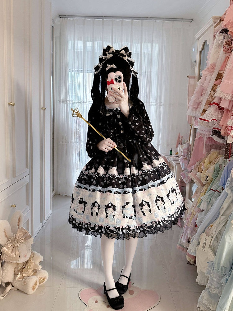 Peter Pan Collar Sweet Lolita Black Long Sleeves Dress with Bunny and Snowflake Print | CoyBunny