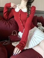 Red Knit Peter Pan Collar Cardigan with Lace - Qchiwawameme | CoyBunny