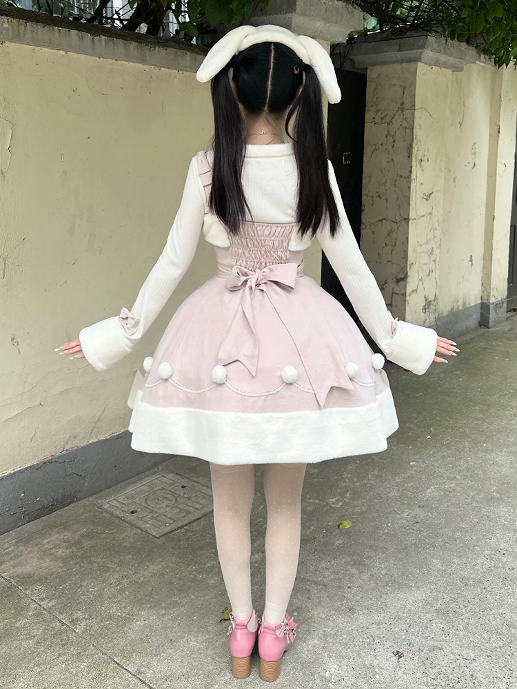 Pink Winter Sweet Bunny Theme Christmas Lolita Dress Plush Neckline and Hemline | CoyBunny