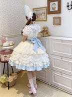 Cute Yellow Blue Lolita JSK Dress Set with Bonnet | Sweet Gown