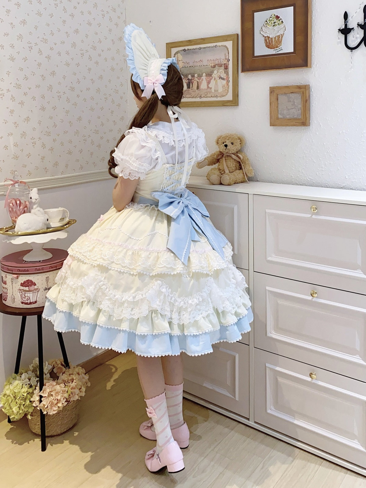 Cute Yellow Blue Lolita JSK Dress Set with Bonnet | Sweet Gown