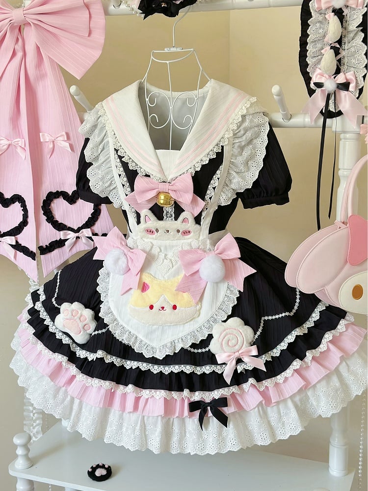 Black & Pink Kitty Maid Lolita Dress ¨C Sailor Collar Heart Apron Sweet JSK | For You | CoyBunny