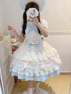 Cute Yellow Blue Lolita JSK Dress Set with Bonnet | Sweet Gown