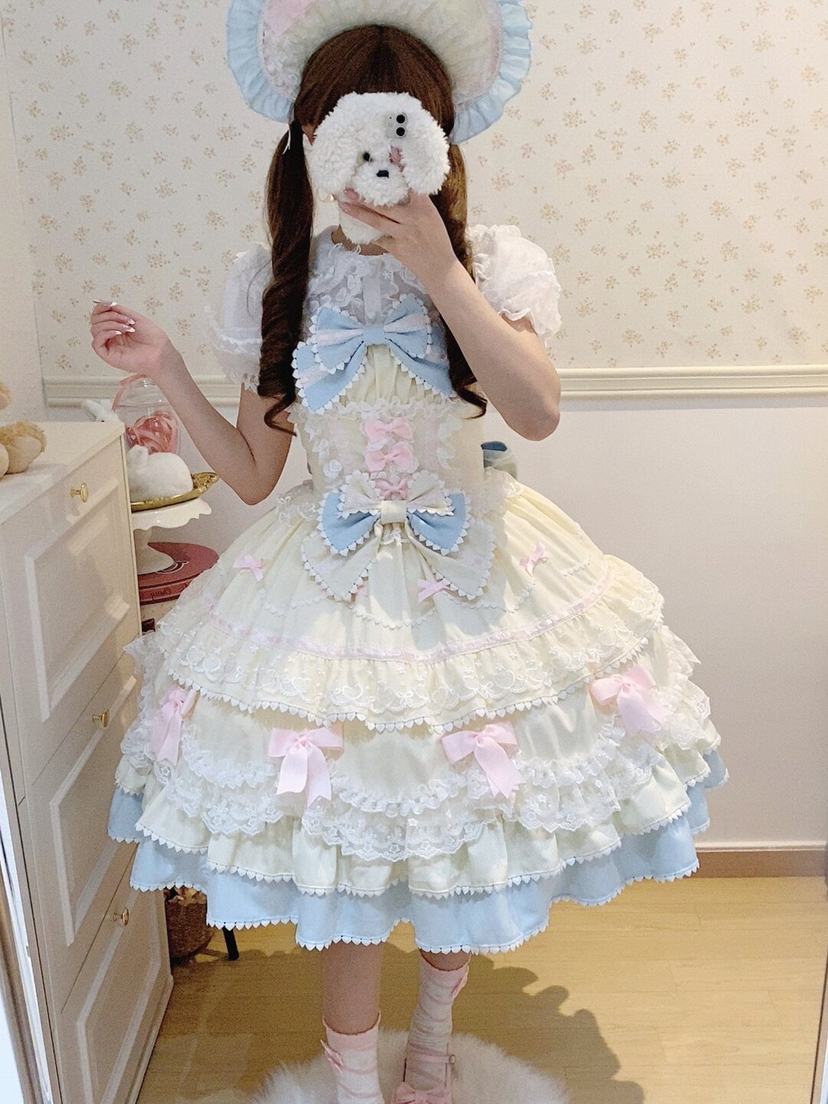 Cute Yellow Blue Lolita JSK Dress Set with Bonnet | Sweet Gown