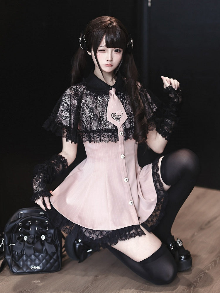 Stripe Dress Set with Lace Cape and Tie - Ekomi | CoyBunny