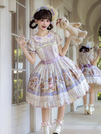 Cute Bear Print OP Dress with Purple Floral Embroidery, Doll Collar & Puff Sleeves - Stars Fall on the Foggy Island | CoyBunny