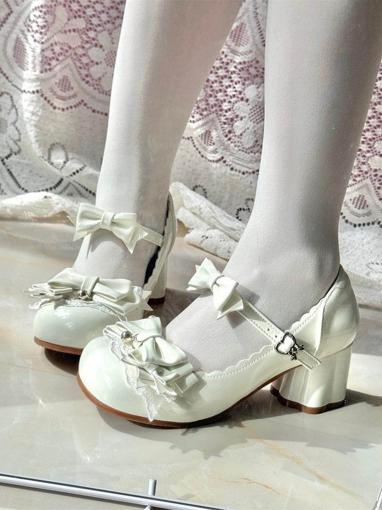 White Lolita Bow Pearl Round Toe Shoes - Sweet Mist | CoyBunny