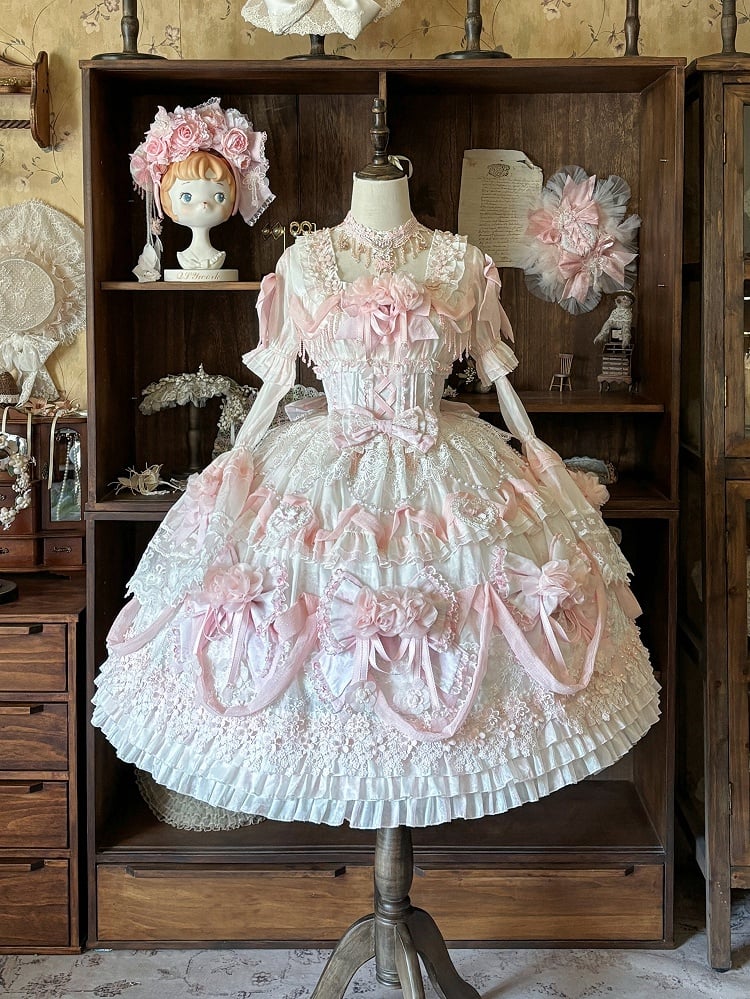 Rose Hanayome Lolita Hime Gown with Detachable Sleeves, Flower Bows and Pearl Chains - sedef | CoyBunny