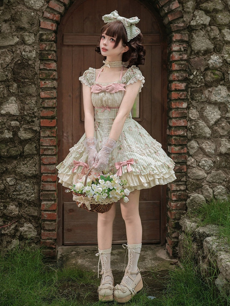 Floral Striped Dress Set with Hair Clip and Choker - With PUJI | CoyBunny