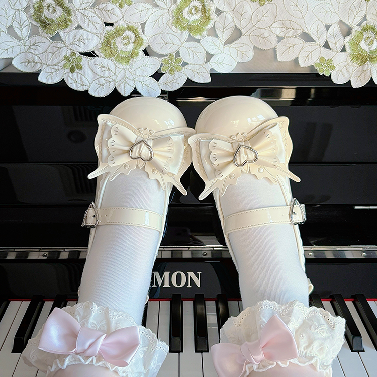 Sweet Lolita Apricot Bow Heart Buckle Strap Block Heel Mary Janes | CoyBunny