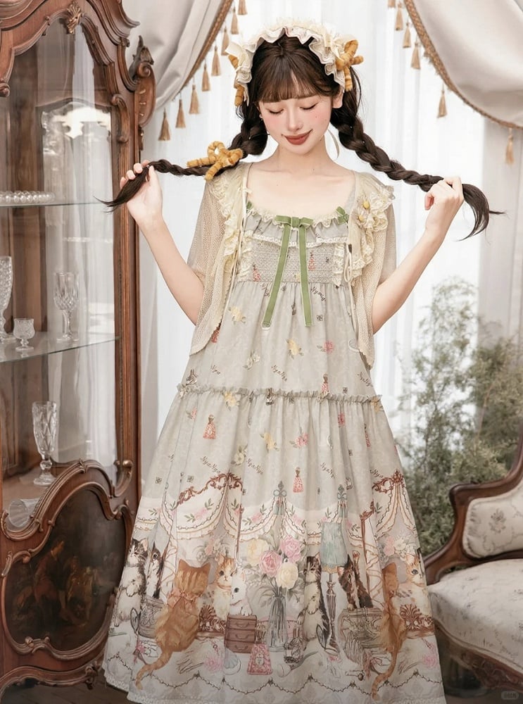 Green Cat Print High Waist Sweet Lolita Jumper Skirt - NyaNya | CoyBunny