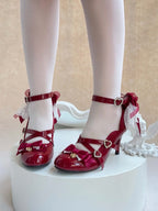 Wine Red Strawberry Embroidered 9cm Heels with Bow - Cheese Mango | CoyBunny