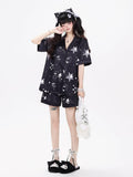 Black Daily Kawaii Bunny Print Loungewear Set Short Sleeve Top Shorts - CRAZY GIRL | CoyBunny