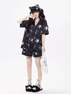 Black Daily Kawaii Bunny Print Loungewear Set Short Sleeve Top Shorts - CRAZY GIRL | CoyBunny