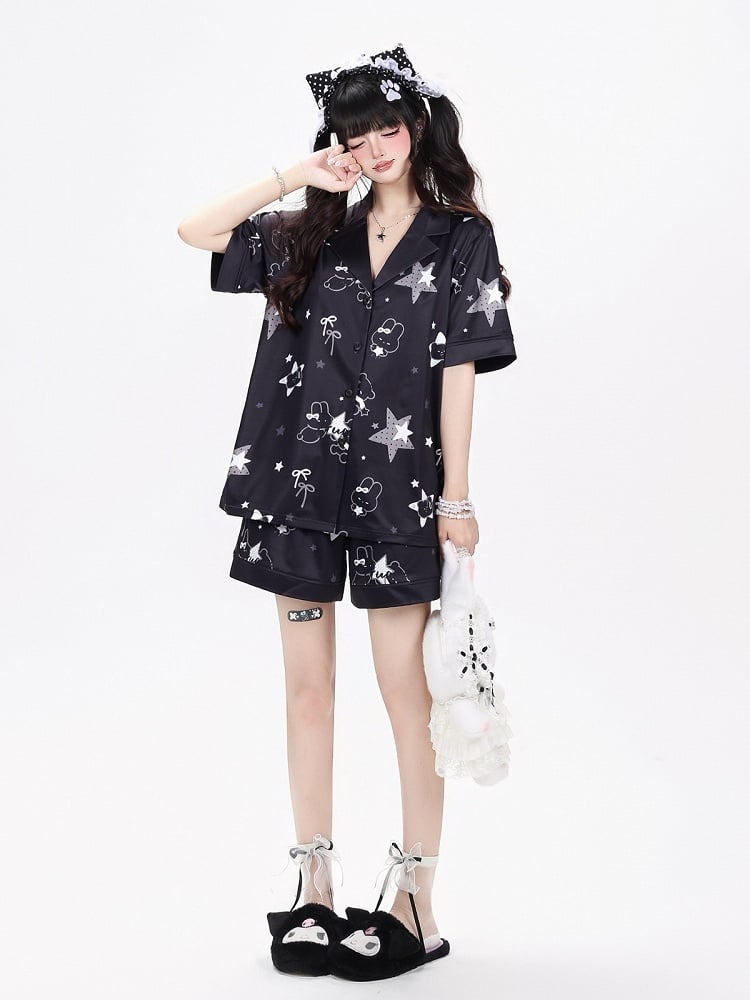 Black Daily Kawaii Bunny Print Loungewear Set Short Sleeve Top Shorts - CRAZY GIRL | CoyBunny