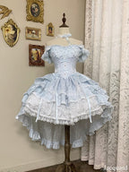 Hime Basque Flower Lace Layered Fluffy Lolita Dress Blooming with Blue Accents Waist | Sheer Ocean | CoyBunny