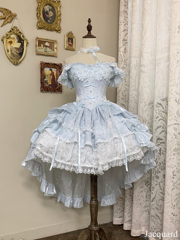 Hime Basque Flower Lace Layered Fluffy Lolita Dress Blooming with Blue Accents Waist | Sheer Ocean | CoyBunny