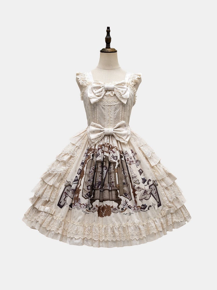 Beige and Brown Bunny Print Layered Ruffle Jumper Skirt with Bows - NnSTAR | CoyBunny