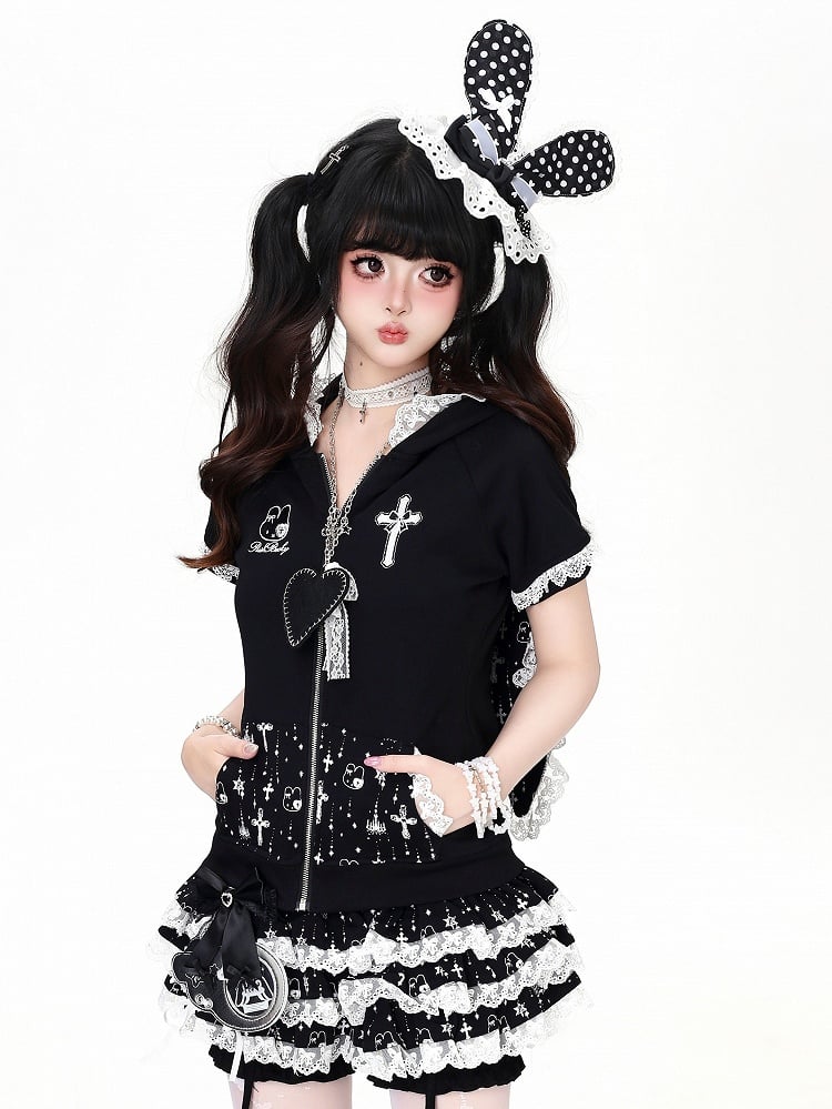 Black Bunny Ear Hooded Short Sleeve Top with Lace Print - CRAZY GIRL | CoyBunny