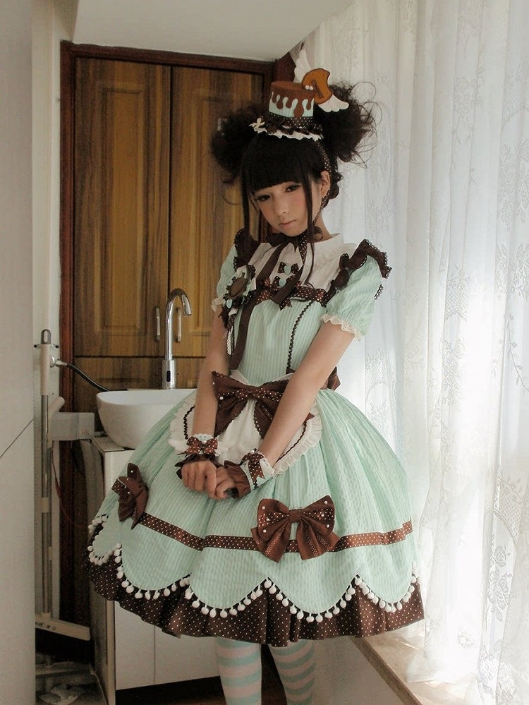 Mint Chocolate Cookie OP Dress with Pompom Bowknot Apron - Alice in Wonderland Lolita | CoyBunny
