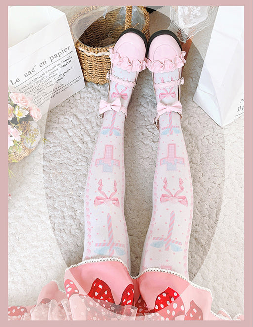 Black and Pink and Blue Sweet Lolita Cross and Bowknot Print Overknee Stockings | CoyBunny