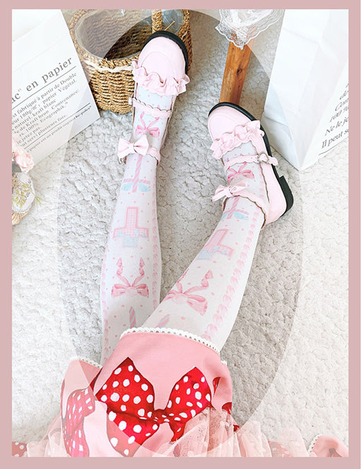 Black and Pink and Blue Sweet Lolita Cross and Bowknot Print Overknee Stockings | CoyBunny