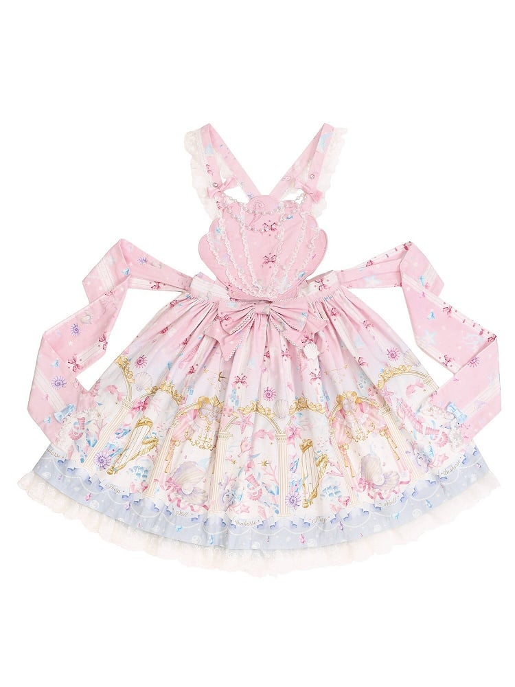 Seashell and Starfish Print Pink Sweet Lolita Skirt with Removable Straps | CoyBunny