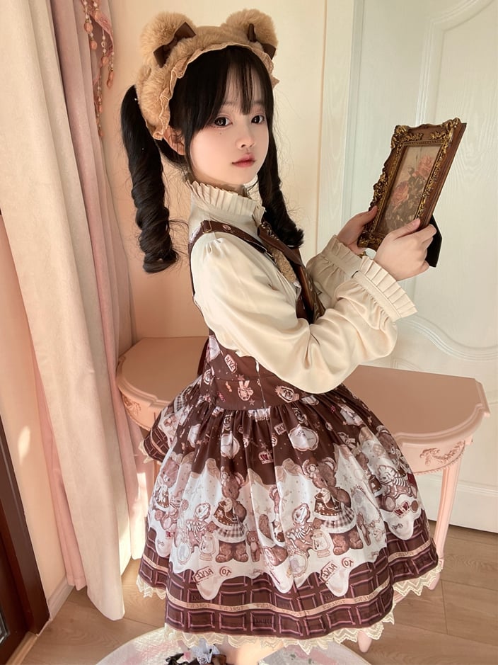 Coffee Teddy Bear Sweet Lolita JSK - Chocolate Print with Lace & Big Bow | CoyBunny