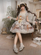 Green Cat Print Square Neckline Sweet Lolita JSK Dress with Plush Cat Patch - NyaNya | CoyBunny