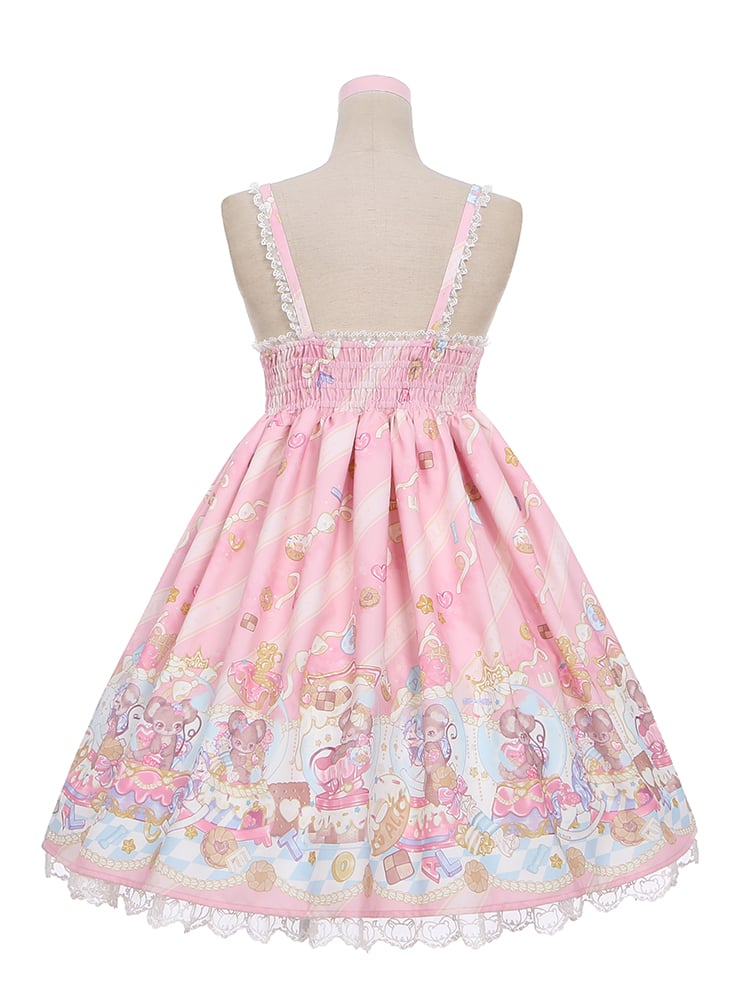 Ears Bow Pink Big Neckline JSK Sweet Lolita Dress Adorable Mouse Print Mouse Design - To Alice | CoyBunny