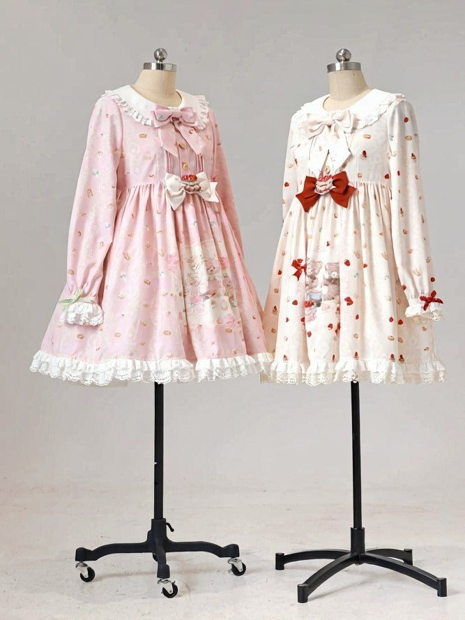 Pink Peter Pan Collar Bear & Cake Print Long-Sleeve OP Dress - Honey Village | CoyBunny