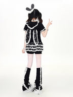 Black Bunny Ear Hooded Short Sleeve Top with Lace Print - CRAZY GIRL | CoyBunny