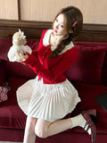 Red Knit Peter Pan Collar Cardigan with Lace - Qchiwawameme | CoyBunny