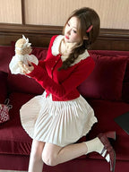 Red Knit Peter Pan Collar Cardigan with Lace - Qchiwawameme | CoyBunny