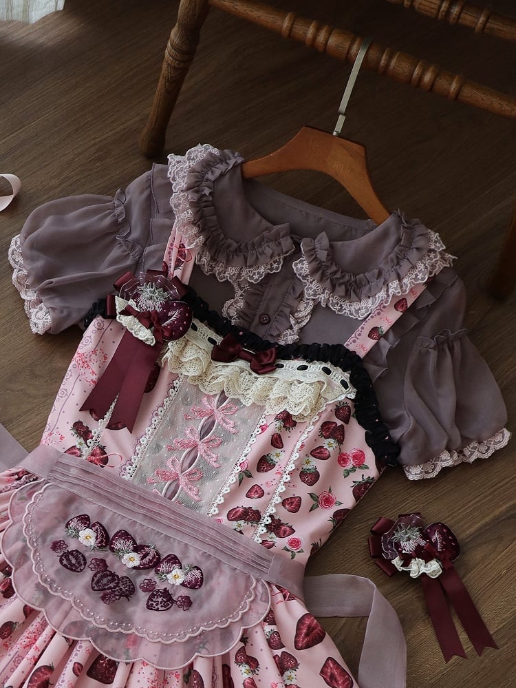 Gray/Pink Sweet Short Puff Sleeve Lolita Blouse | CoyBunny
