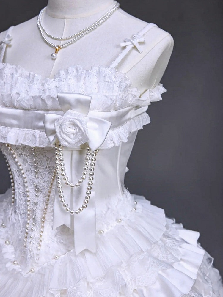 Snow Theme Elegant JSK Dress with Pearl and Floral Brooch - Airfreeing | CoyBunny
